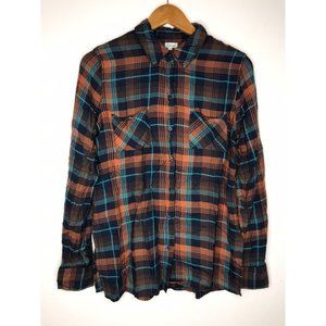 Kismet Women's Medium Brown Blue Button Long Sleeve Plaid Shirt